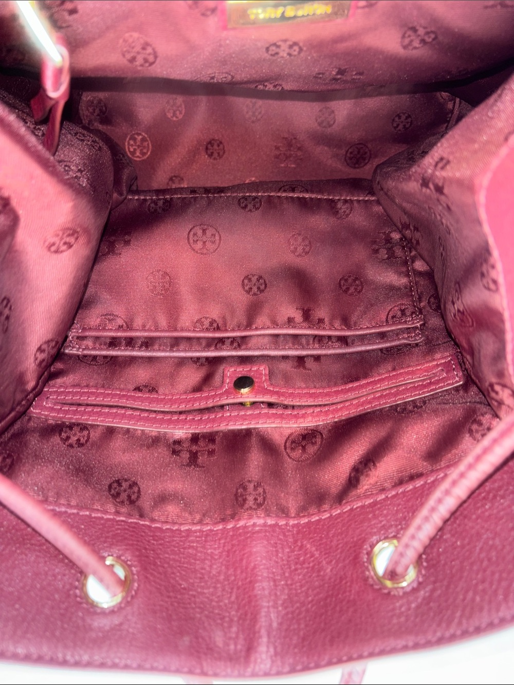 Tory Burch Wine Leather Drawstring Backpack with Gold Logo - Picture 11 of 16